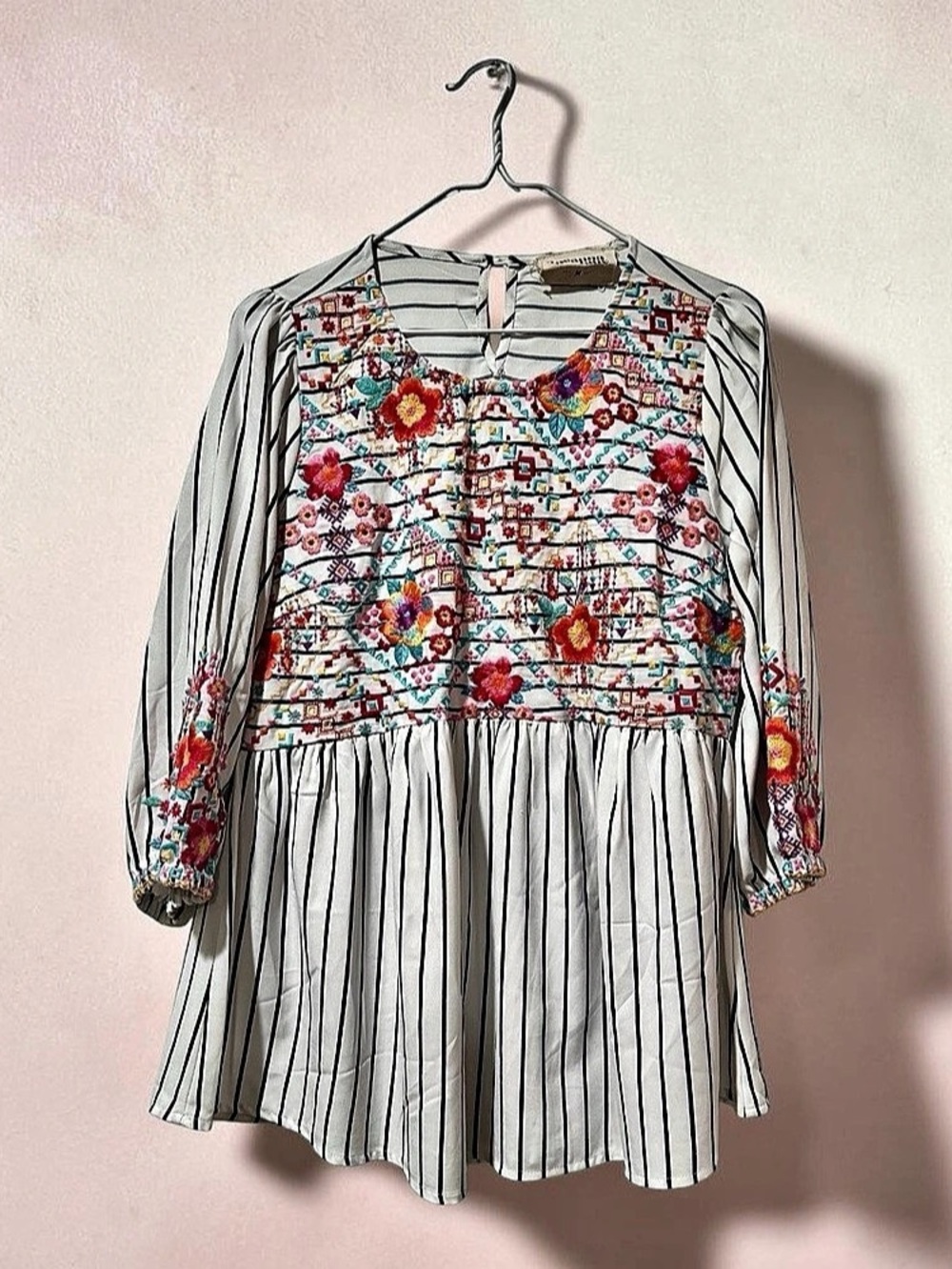 Savanna Jane Embroidered Striped Tunic in White & Multicolor Size Medium